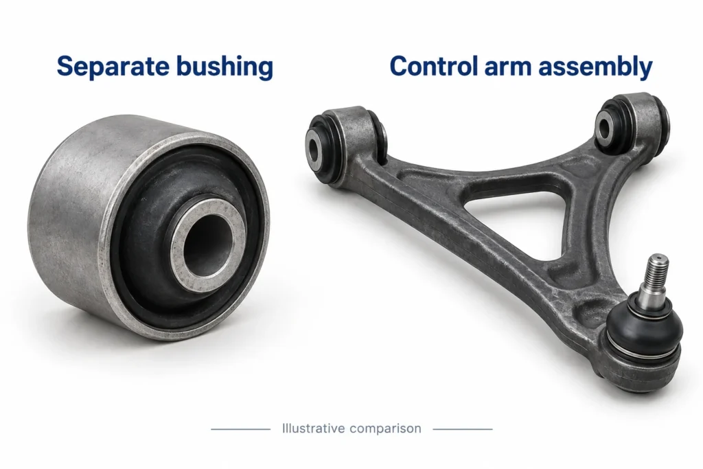 Separate rubber-to-metal bushing beside a control arm with installed bushings and a ball joint.