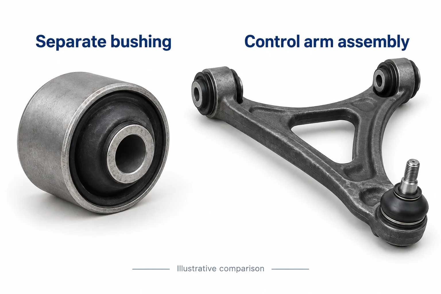 Separate rubber-to-metal bushing beside a control arm with installed bushings and a ball joint.