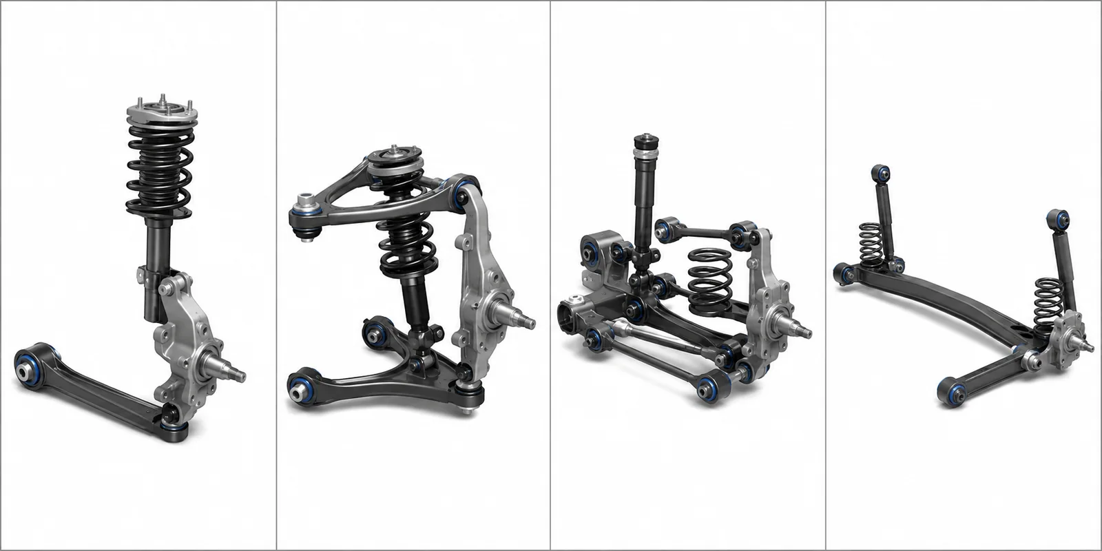 Illustrative comparison of MacPherson strut, double-wishbone, multi-link, and torsion-beam suspension layouts