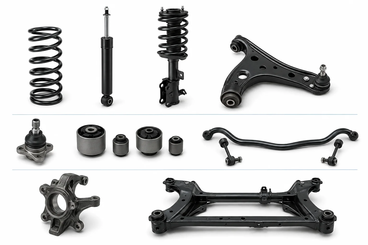 Illustrative component board showing springs, a damper, a strut, a control arm, ball joint, bushings, anti-roll bar, knuckle, and subframe