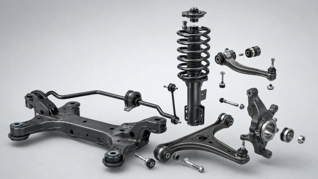 Illustrative arrangement of car suspension parts including a strut, control arms, anti-roll bar, steering knuckle, bushings, and subframe