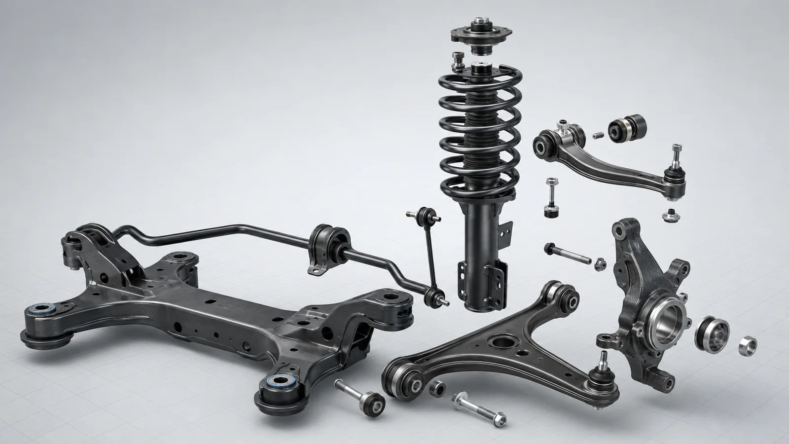Illustrative arrangement of car suspension parts including a strut, control arms, anti-roll bar, steering knuckle, bushings, and subframe
