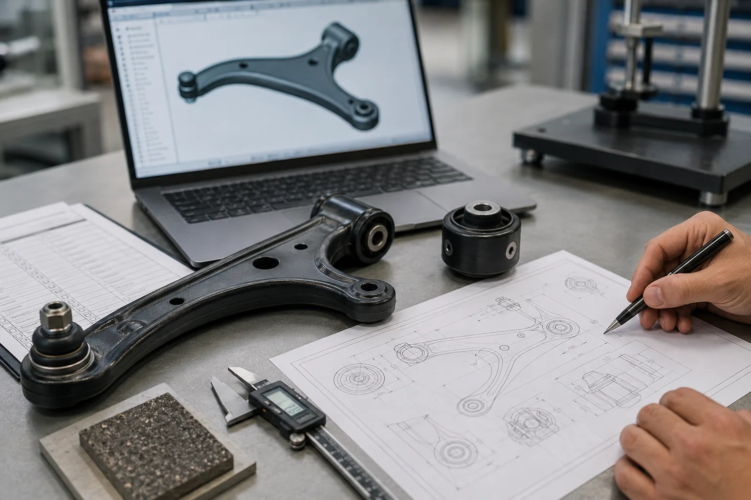 Illustrative engineering review of a suspension control arm, bushing, technical drawing, and calipers
