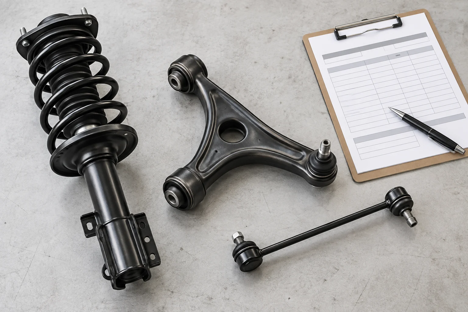 Illustrative strut assembly, control arm and stabilizer link beside a repair estimate.